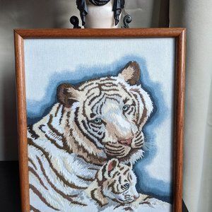 Beautiful White tiger and cub art crewel framed